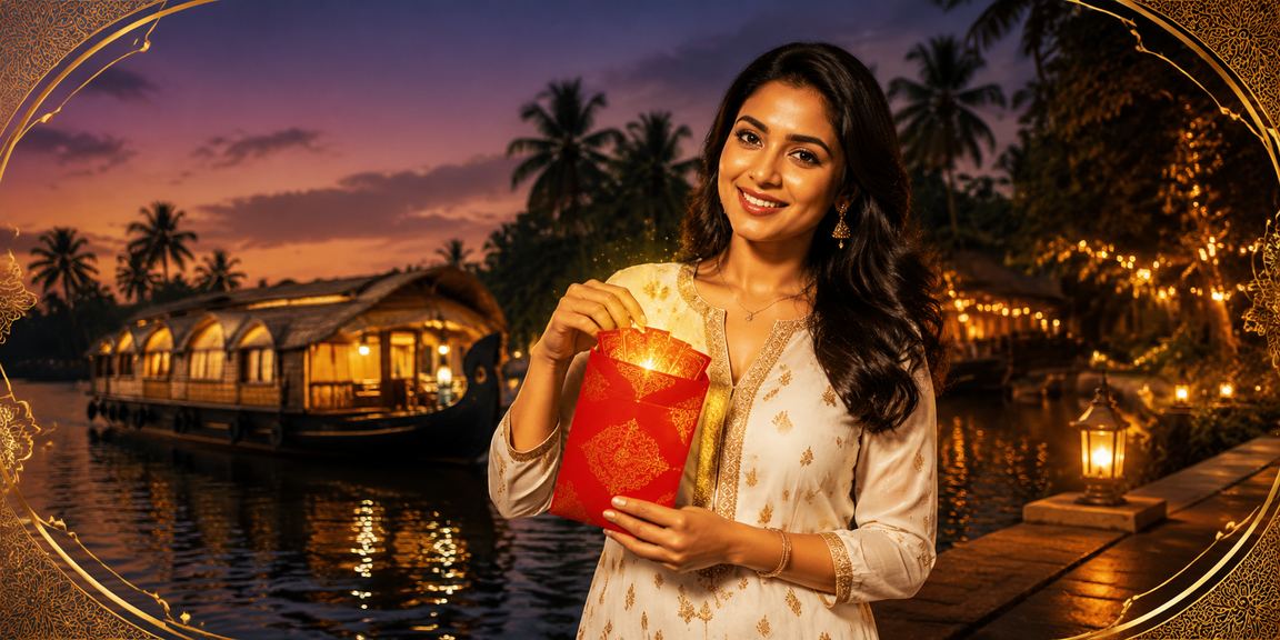 Relaxed Indian player logging in on mobile device near Kerala backwaters